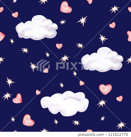 Seamless pattern with clouds, hearts and stars on a blue background. Watercolor illustration on the theme of St. Valentine's Day for decorating cafes, printing on postcards, fabric, packaging. Seamless pattern with clouds, hearts and stars on a blue background. Watercolor illustration on the theme of St. Valentine's Day for decorating cafes, printing on postcards, fabric, packaging. 121822778