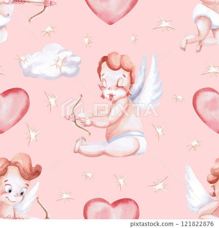 Seamless pattern with two angels,bow and arrow on a pink background. Watercolor illustration on the theme of St. Valentine's Day for printing on postcards, packaging, decorating children's rooms. 121822876
