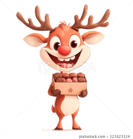 Happy reindeer holding a gift box on a transparent background. Christmas character, joyful reindeer, holiday art, seasonal gift, festive illustration, Christmas celebration, reindeer gift. 121823124