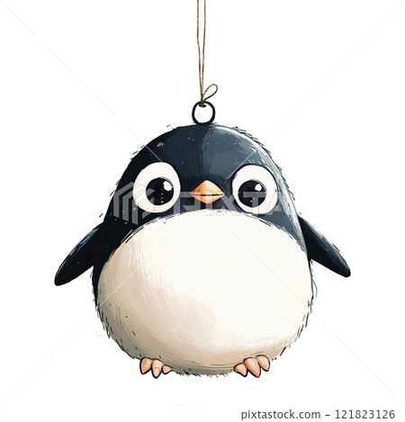Christmas tree ornament of a cute animal isolated on a transparent background. Watercolor-style illustration of a round penguin hanging by a string. Christmas theme, perfect for holiday. 121823126