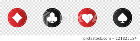Hearts diamonds clubs spades sign realistic chips. Playing card suit symbols. Vector illustration card sign on transparent background. Icon for mobile app or web site. Hearts diamonds clubs spades sign realistic chips. Playing card suit symbols. Vector illustration card sign on transparent background. Icon for mobile app or web site. 121823154