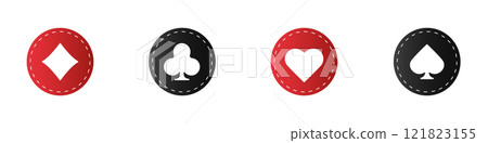 Set collection gambling sign symbol of playing card suits and chips for poker and casino. Hearts, clubs, diamonds and spades on an isolated white background. 121823155