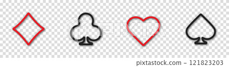 Set collection gambling sign symbol of playing card suits and chips for poker and casino. Hearts, clubs, diamonds and spades on an isolated transparent background. Set collection gambling sign symbol of playing card suits and chips for poker and casino. Hearts, clubs, diamonds and spades on an isolated transparent background. 121823203