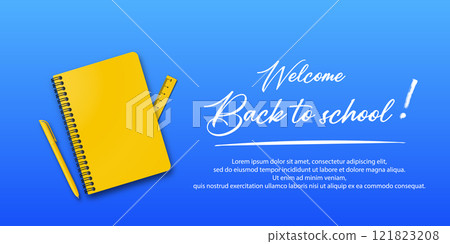 Back to school. Holiday for students. Small handwritten text back to school. Place for text. Education poster. Vector banner concept with notebook and pen on blue background. 121823208