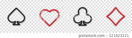 Set collection gambling sign symbol of playing card suits and chips for poker and casino. Hearts, clubs, diamonds and spades on an isolated transparent background. 121823221