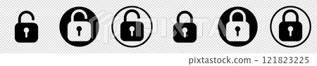 Set of lock icons, lock icon. Safety symbols. Vector illustration. Close and open lock padlock symbols. Sign of locked and unlocked padlock. 121823225