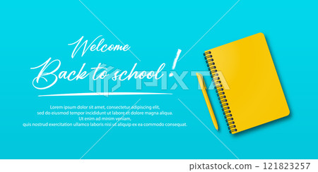 Back to school. Holiday for students. Banner concept with notebook and pen on turquoise or light blue background. Small handwritten text back to school. Place for text. Education poster. Back to school. Holiday for students. Banner concept with notebook and pen on turquoise or light blue background. Small handwritten text back to school. Place for text. Education poster. 121823257
