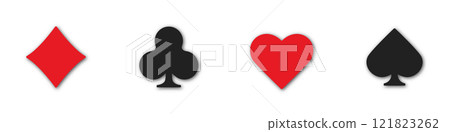 Set collection gambling sign symbol of playing card suits and chips for poker and casino. Hearts, clubs, diamonds and spades on an isolated white background. 121823262