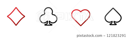 Set collection gambling sign symbol of playing card suits and chips for poker and casino. Hearts, clubs, diamonds and spades on an isolated white background. 121823291
