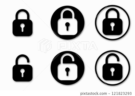 Set of lock icons, lock icon. Safety symbols. Vector illustration. Close and open lock padlock symbols. Sign of locked and unlocked padlock. Set of lock icons, lock icon. Safety symbols. Vector illustration. Close and open lock padlock symbols. Sign of locked and unlocked padlock. 121823293
