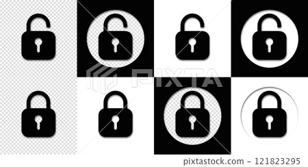 Set of lock icons, lock icon. Safety symbols. Vector illustration. Close and open lock padlock symbols. Sign of locked and unlocked padlock. 121823295