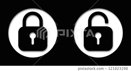 Set of lock icons, lock icon. Safety symbols. Vector illustration. Close and open lock padlock symbols. Sign of locked and unlocked padlock. Set of lock icons, lock icon. Safety symbols. Vector illustration. Close and open lock padlock symbols. Sign of locked and unlocked padlock. 121823298