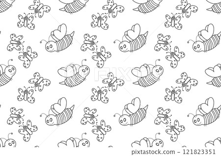 Seamless Pattern of Bees and Butterflies for Coloring 121823351