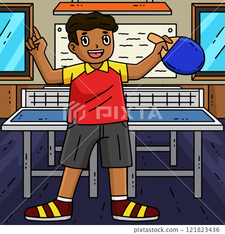 Table Tennis Player Holding Racket Colored Cartoon 121823436