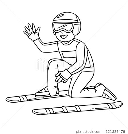Male Ski jumper Fastening Ski Boards Isolated  121823476
