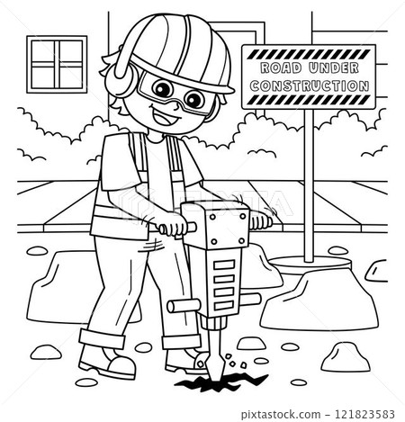 Construction Worker Jack Hammering Road Coloring 121823583