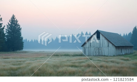 Rustic barn in foggy countryside landscape on a misty morning 121823584