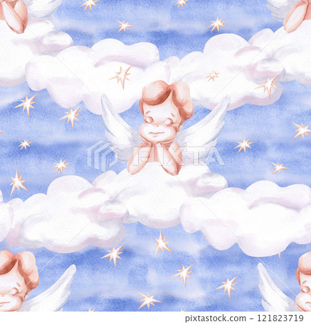 Seamless pattern with an angel in the clouds and stars on a blue background. Watercolor illustration on the theme of St. Valentine's Day for festive decoration of a cafe, printing on postcards,. 121823719