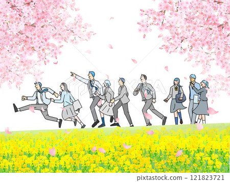 男女學生沿著銀行散步，櫻花樹和油菜花-全身-畢業入口-人向量圖白色背景背景素材 121823721