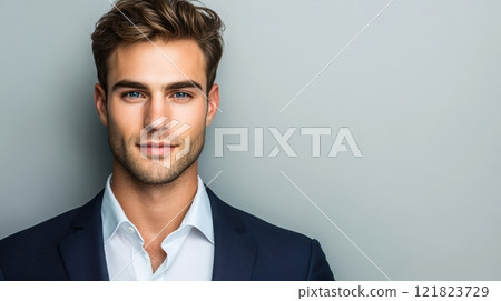 Confident young man in formal suit portrait with blue eyes against gray background 121823729