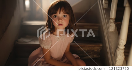 Little girl sitting on a staircase gazing with curiosity and wonder 121823730