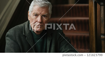 Elderly man with gray hair sitting on stairs in thoughtful pose 121823799