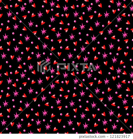 Watercolor hearts and stars seamless pattern. Hand drawn background. Black background, red hearts, pink stars. Watercolor hearts and stars seamless pattern. Hand drawn background. Black background, red hearts, pink stars. 121823917