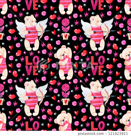 Valentine's day seamless pattern. Watercolor holiday wallpaper illustration with cute cupid bears, hearts and lips on black background. Funny bright texture for wrapping paper, scrapbooking 121823921