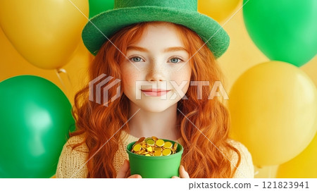Red-haired girl in a leprechaun hat holds a pot of gold with bright balloons nearby celebrating St. Patrick Day 121823941