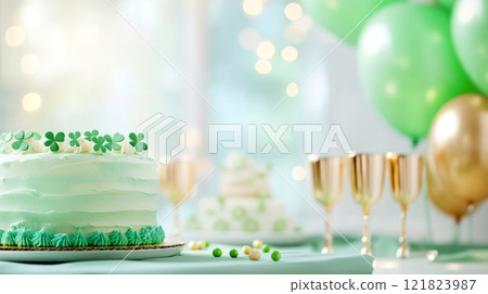 Celebrate St. Patrick's Day with golden glasses, and a green festive cake 121823987