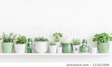 Decorative shelf adorned with St. Patrick's Day decorations featuring lucky shamrocks, leprechauns, and pots of shamrock 121823989