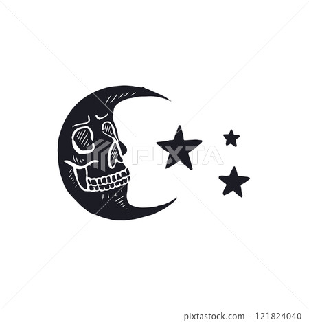 Hand drawn sketchy crescent moon with skull face and star black silhouette isolated on white background 121824040