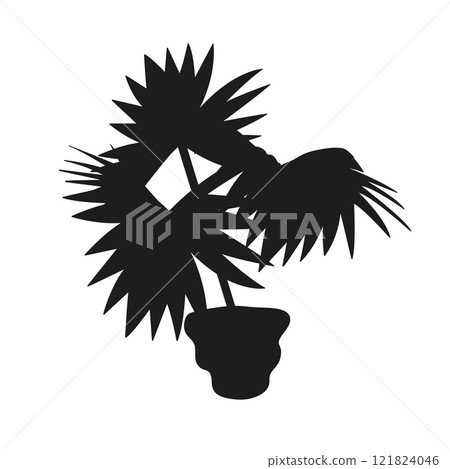 Black linocut silhouette of potted houseplant fan palm 121824046