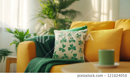 This inviting living room features shamrock-patterned pillows, a green blanket, and potted plants for St. Patrick's Day celebration This inviting living room features shamrock-patterned pillows, a green blanket, and potted plants for St. Patrick's Day celebration 121824058