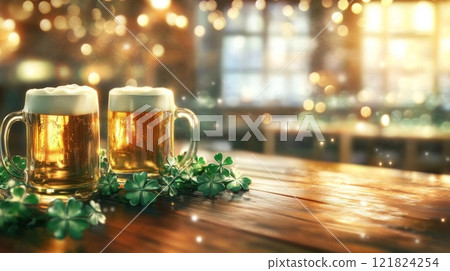 Warm light fills a cozy Irish-style pub with shamrocks and mugs of green beer, perfect for St. Patrick Day 121824254
