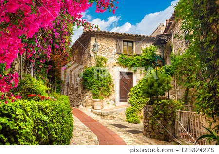 View of mountain top village Eze in Provence, France. 121824278