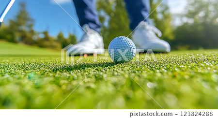 Golfer putting golf ball on the green golf, lens flare on sun set evening time. Golfer putting golf ball on the green golf, lens flare on sun set evening time. 121824288