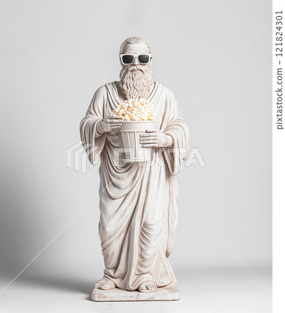 an ancient Greek statue with a bucket of popcorn 121824301