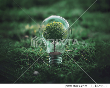 a green tree in a light bulb, the concept of saving electricity 121824302