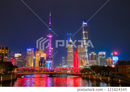 Skyscrapers in the Pudong New District at night, Shanghai, China 121824345