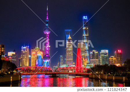 Skyscrapers in the Pudong New District at night, Shanghai, China 121824347