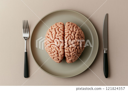 human brain on a plate with a knife and fork, information consumption human brain on a plate with a knife and fork, information consumption 121824357