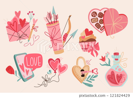 Cute and bright vector set of Valentine's Day stickers for decoration and design. Valentine's Day, love, cartoon style stickers. Love gifts, Sweets, heart, key and lock, love note, February. Cute and bright vector set of Valentine's Day stickers for decoration and design. Valentine's Day, love, cartoon style stickers. Love gifts, Sweets, heart, key and lock, love note, February. 121824429