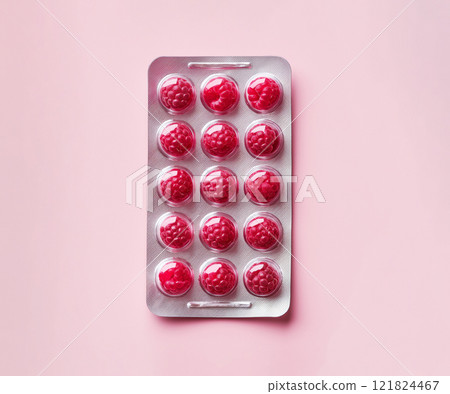 raspberry berries in a pill blister, concept of natural vitamins 121824467