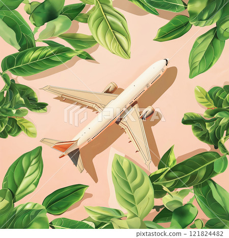 airplane among green leaves, ecology of airplane flights 121824482