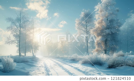 Winter Wonderland A Serene and Beautiful Snowy Landscape Bathed in Glorious Sunlight 121824510