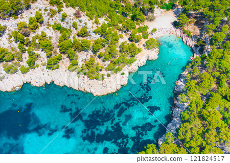Aerial view of Calanques National Park near Cassis fishing village, Provence, France 121824517