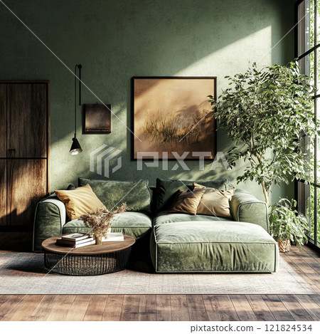 eucalyptus-colored sofa in the living room of the house, interior 121824534