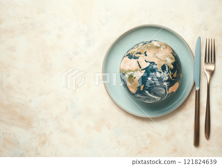 Earth on a plate with knife and fork, reasonable consumption of natural resources Earth on a plate with knife and fork, reasonable consumption of natural resources 121824639
