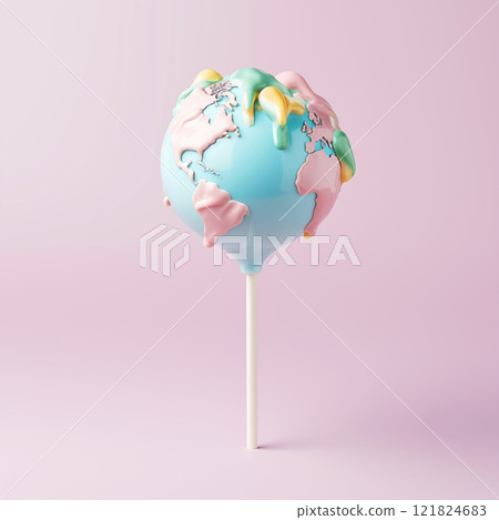 candy on a stick globe globe in pastel colors on soft pink background, AI Generative 121824683